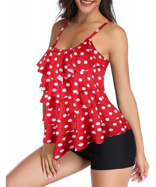 Tankinis Women Tankini Swimsuit Flounce Tank Top with Boyshorts Ruffle 2 Piece Bathing Suit - Red Dot - CR18AIE9D6G