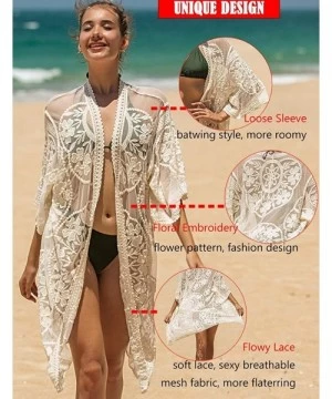 Cover-Ups Women's Lace Cardigan Floral Crochet Sheer Beach Cover Ups Long Open Kimono - Apricot1 - CZ1963NTWSY