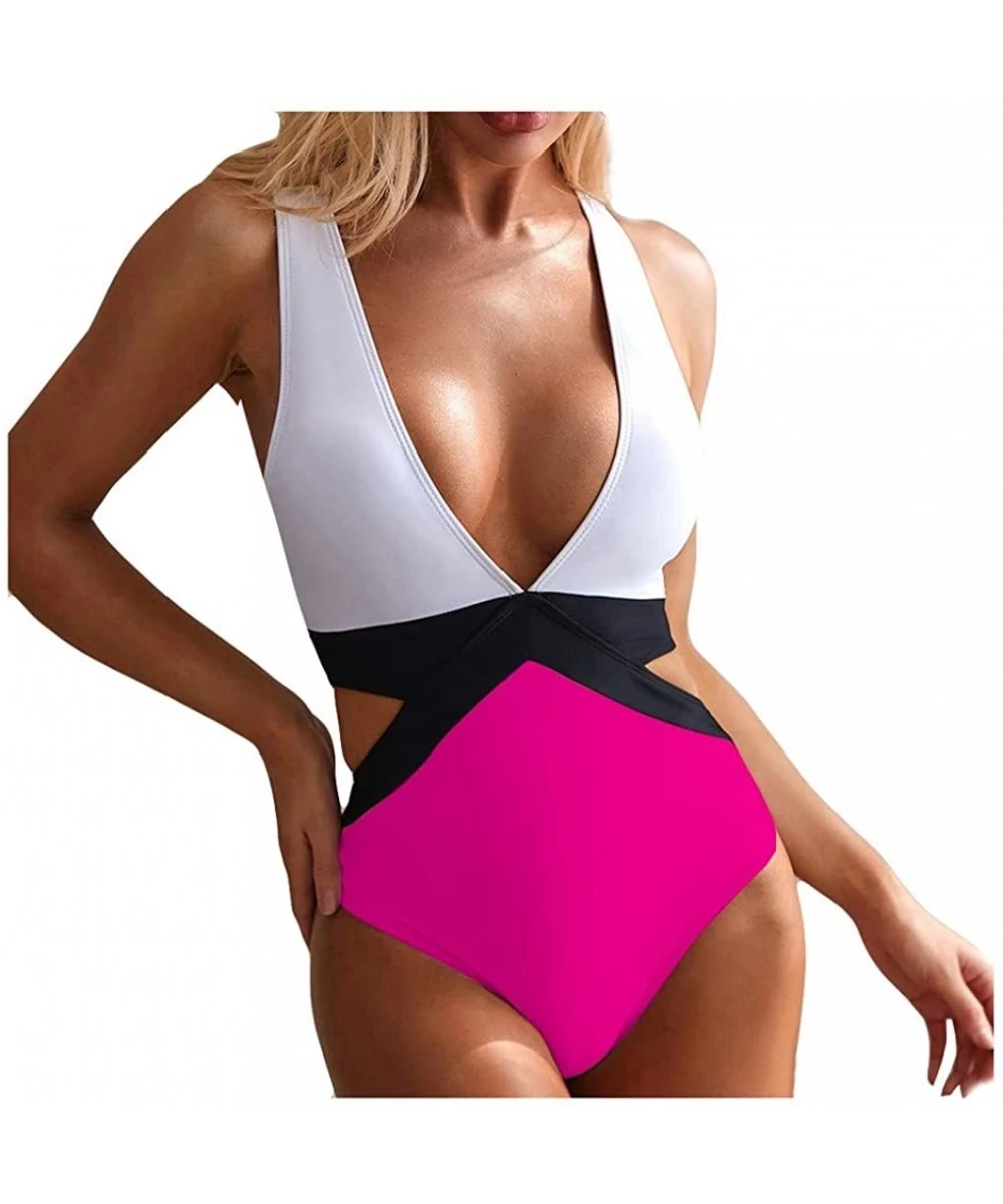 Bottoms Women One Pice Slimming Swimsuit Deep V Side Cut Out Monokini Color Block Bathing Suit - Hot Pink - CQ196DDSTX9