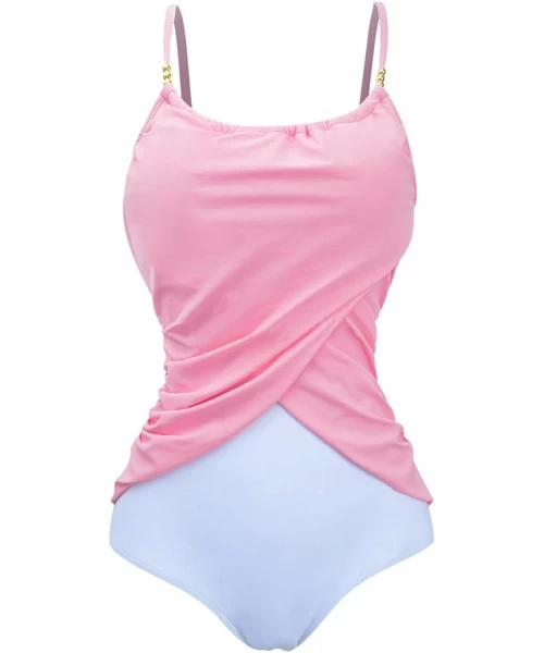 One-Pieces Women's Retro One-Piece Crossover Pin Up Color-Block Strappy Monokinis Swimsuits - Pink - C0182RZ7407