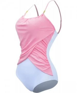 One-Pieces Women's Retro One-Piece Crossover Pin Up Color-Block Strappy Monokinis Swimsuits - Pink - C0182RZ7407