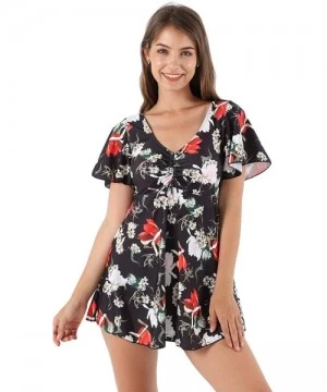 One-Pieces One Piece Swim Dress Short Sleeve Swimsuit for Women with Shorts Floral Print Ruched Skirted Bathing Suit Black Li...