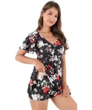 One-Pieces One Piece Swim Dress Short Sleeve Swimsuit for Women with Shorts Floral Print Ruched Skirted Bathing Suit Black Li...