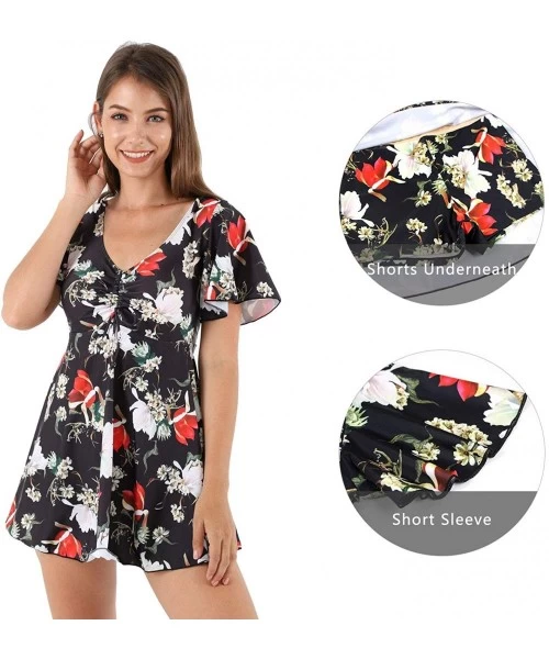 One-Pieces One Piece Swim Dress Short Sleeve Swimsuit for Women with Shorts Floral Print Ruched Skirted Bathing Suit Black Li...