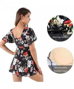 One-Pieces One Piece Swim Dress Short Sleeve Swimsuit for Women with Shorts Floral Print Ruched Skirted Bathing Suit Black Li...