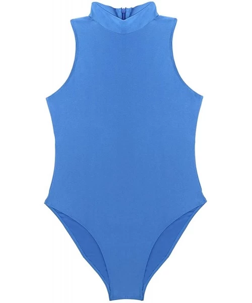 One-Pieces Women's Sleeveless Swimsuit High Neck Zipper Back Ballet Dance Gymnastics Leotard Bodysuit - Sky Blue - C718XUMTCCS