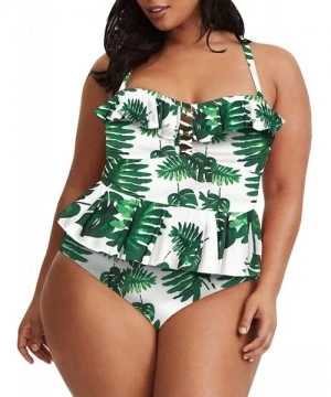 Sets Womens Plus Size Swimwear Floral Print Ruffle Peplum 2 Piece Swimsuits Straps Backless Bikini Bathing Suits R green - CE...