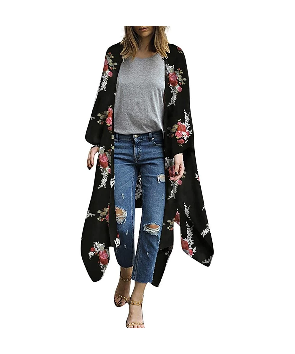 Cover-Ups Fashion Chiffon Shawl Print Kimono Cardigan Top Cover Up Blouse Beachwear Women - Black - CB18OM8Q3AS