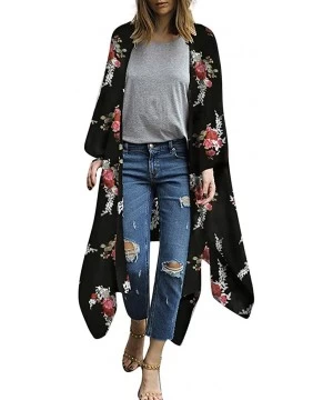 Cover-Ups Fashion Chiffon Shawl Print Kimono Cardigan Top Cover Up Blouse Beachwear Women - Black - CB18OM8Q3AS