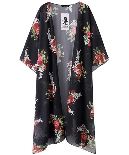 Cover-Ups Fashion Chiffon Shawl Print Kimono Cardigan Top Cover Up Blouse Beachwear Women - Black - CB18OM8Q3AS