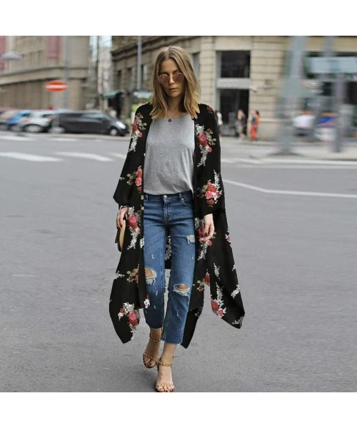 Cover-Ups Fashion Chiffon Shawl Print Kimono Cardigan Top Cover Up Blouse Beachwear Women - Black - CB18OM8Q3AS