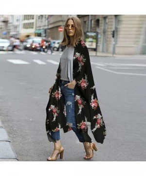 Cover-Ups Fashion Chiffon Shawl Print Kimono Cardigan Top Cover Up Blouse Beachwear Women - Black - CB18OM8Q3AS