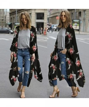 Cover-Ups Fashion Chiffon Shawl Print Kimono Cardigan Top Cover Up Blouse Beachwear Women - Black - CB18OM8Q3AS