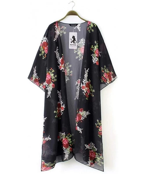 Cover-Ups Fashion Chiffon Shawl Print Kimono Cardigan Top Cover Up Blouse Beachwear Women - Black - CB18OM8Q3AS