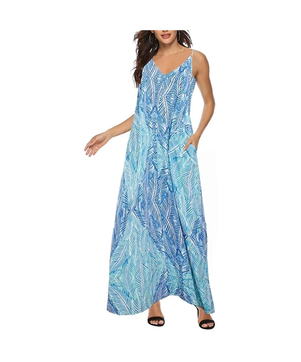 Cover-Ups Women's V Neck Spaghetti Strap Summer Dress Beach Cover ups Maxi Dresses with Pocket - Blue - CM18OXGL7XN