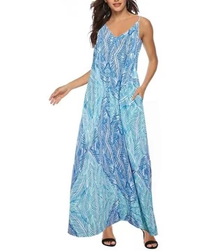 Cover-Ups Women's V Neck Spaghetti Strap Summer Dress Beach Cover ups Maxi Dresses with Pocket - Blue - CM18OXGL7XN