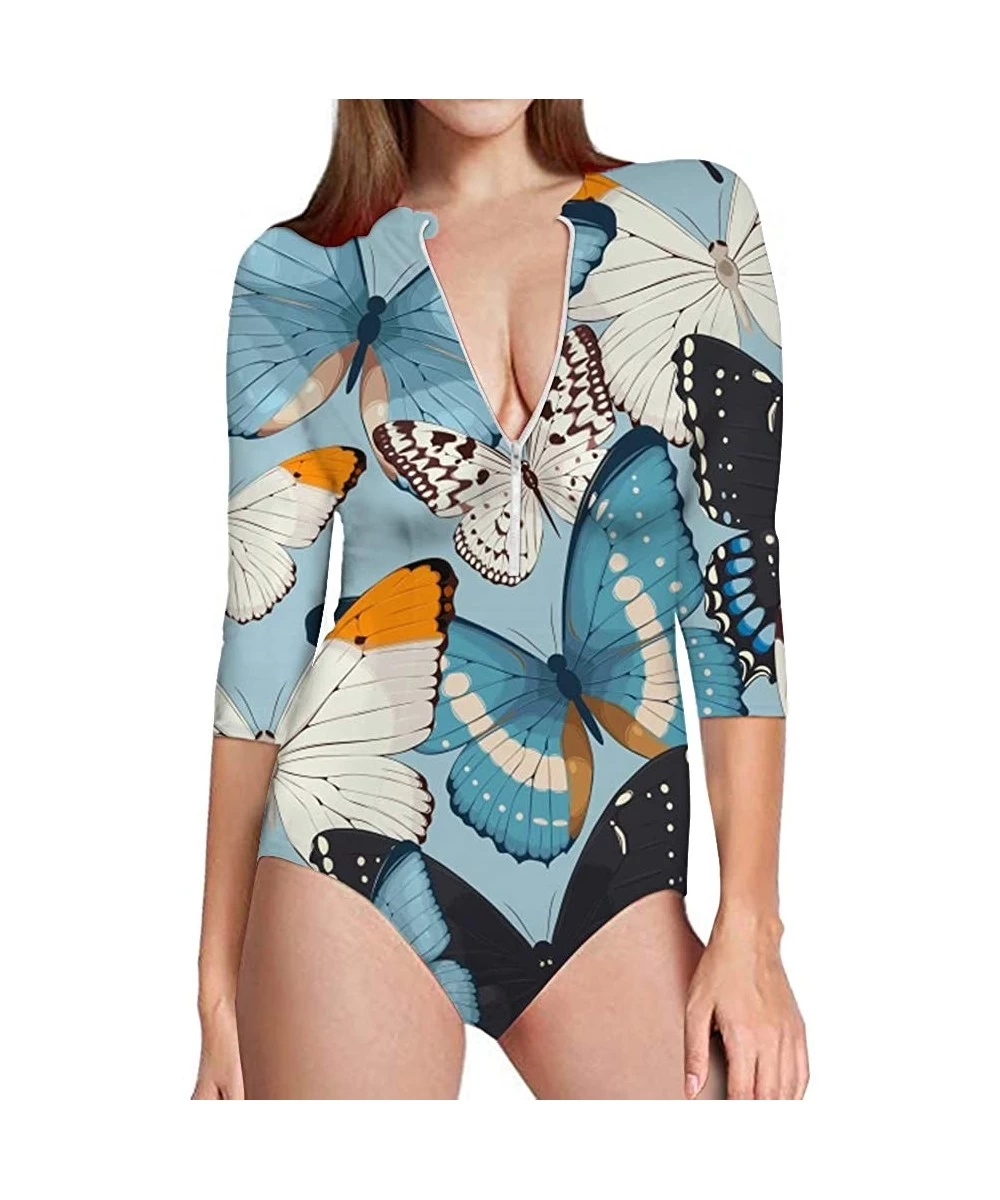 Rash Guards Womens One Piece Swimsuit Zip Front Printed 3/4 Short Sleeve Rash Guard UPF 50++ Sun Protection Swimwear Butterfl...