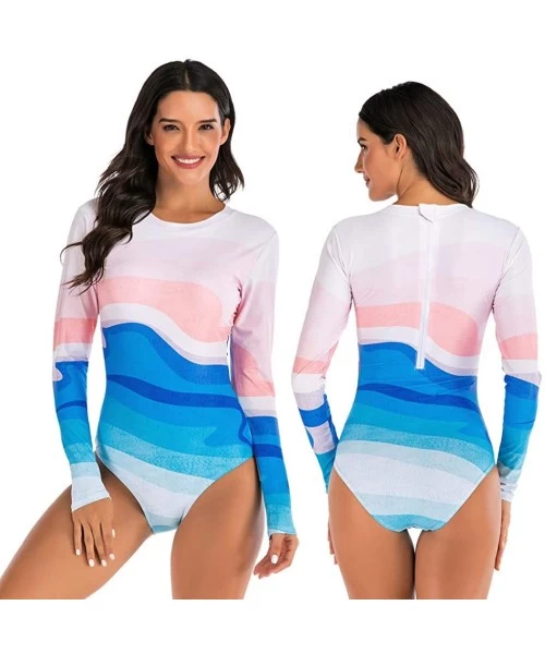 Cover-Ups Womens Rashguard Swimsuit Zip Front Print Long Sleeve One Piece Swimwear - 2white - C3195S9MU0N