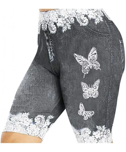 Cover-Ups Women's Plus Size Skinny Butterfly Print Casual Jeggings Faux Denim Jean Shorts Fleece Shorts - Gray - CG190X9OO2R