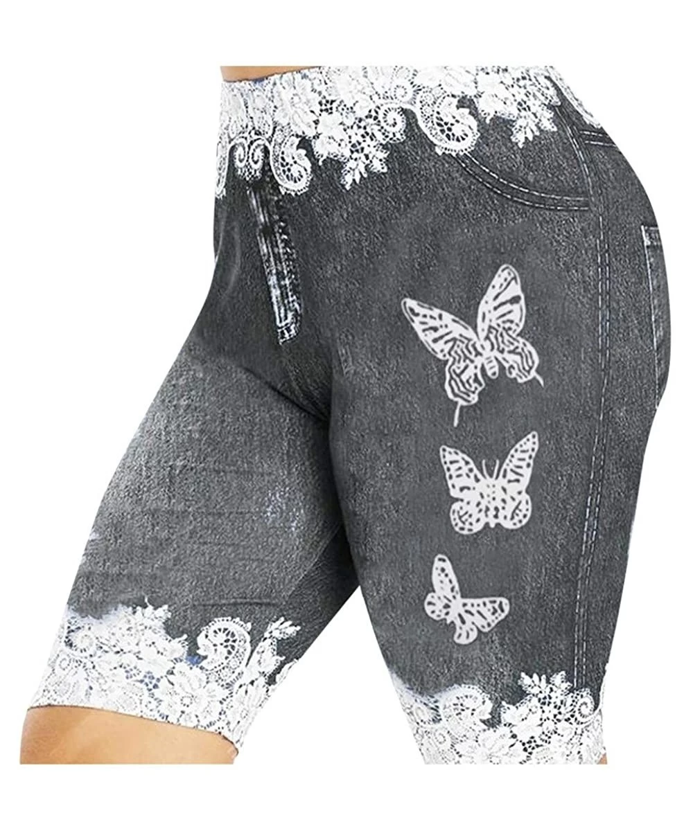 Cover-Ups Women's Plus Size Skinny Butterfly Print Casual Jeggings Faux Denim Jean Shorts Fleece Shorts - Gray - CG190X9OO2R