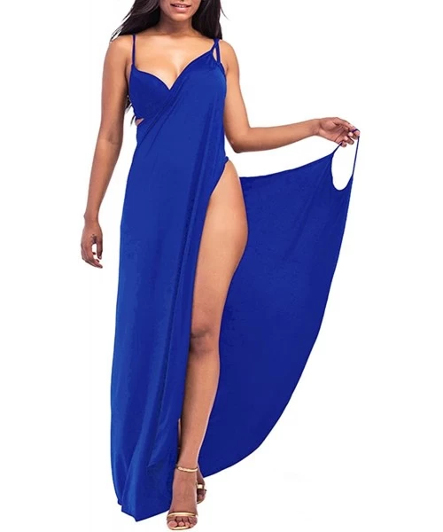 Cover-Ups Womens Backless Spaghetti Strap Maxi Plus Size Dress Beach Bathing Suit Cover Up - Dark Blue - CY18CMUIDT3