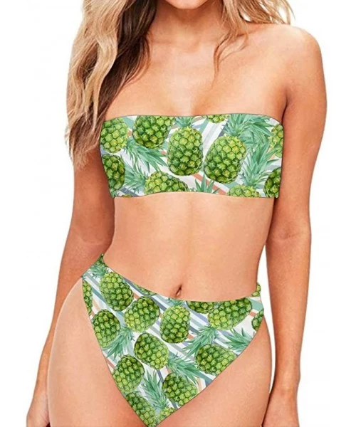 Sets Women Two Pieces High Cut Bandeau Strapless Swimsuits Bikini Set Print Bathing Suits - Pineapple - C818S6MLRLW