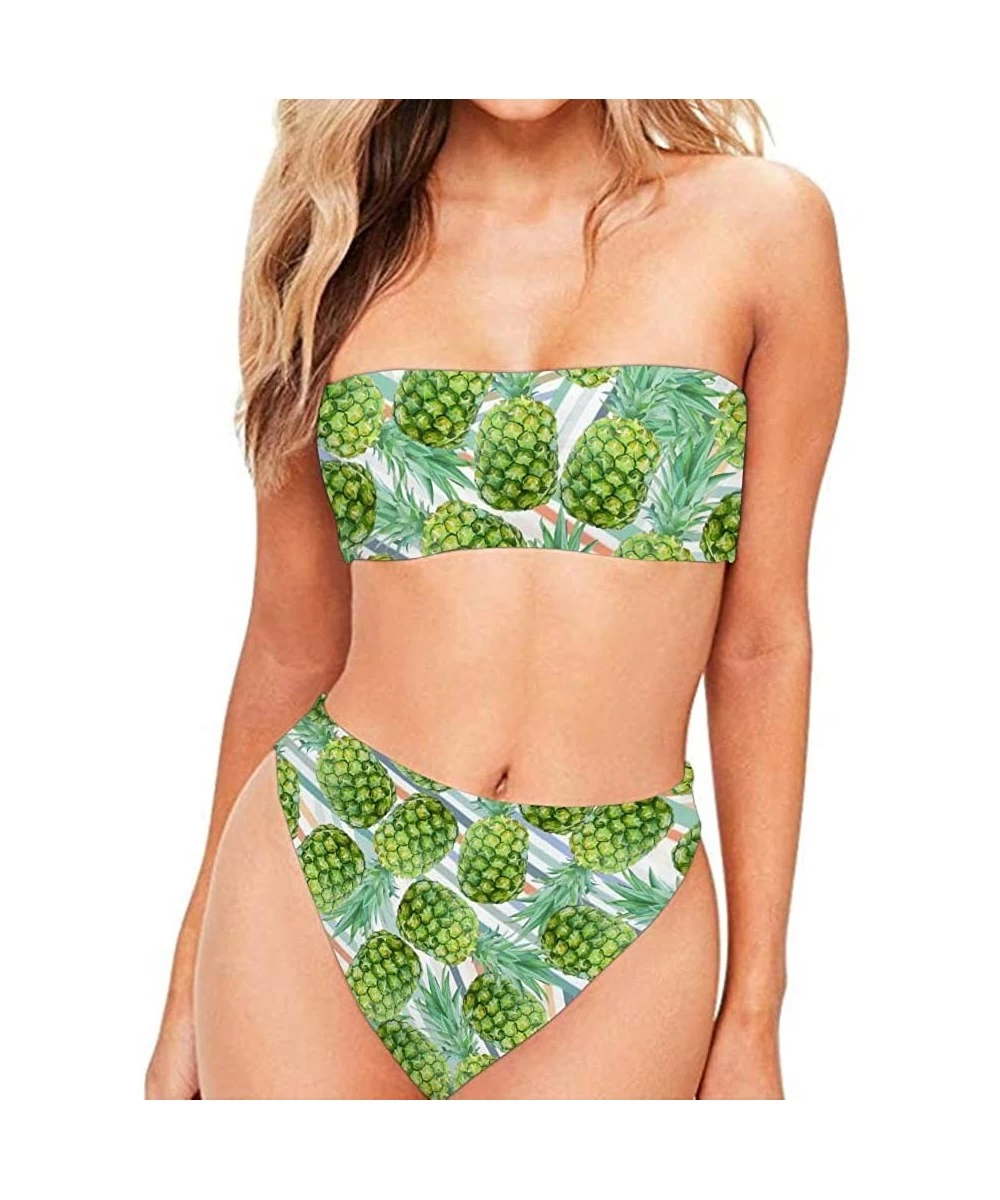 Sets Women Two Pieces High Cut Bandeau Strapless Swimsuits Bikini Set Print Bathing Suits - Pineapple - C818S6MLRLW