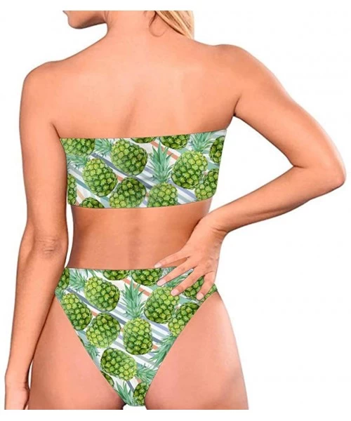 Sets Women Two Pieces High Cut Bandeau Strapless Swimsuits Bikini Set Print Bathing Suits - Pineapple - C818S6MLRLW