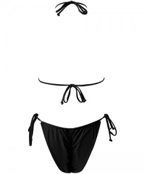 Sets Women Sexy Brazilian Bikini 2 Piece Spaghetti Strap Top Thong Swimsuit Bathing Suit - Solid Black - CZ196H934R2