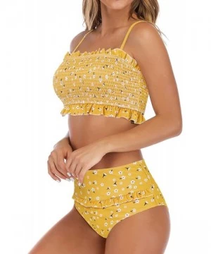 Sets Women's Bandeau Ruffled Bikini Set Off Shoulder Smocked Swimsuit Bathing Suit - Yellow-floral - CV18RA3QUN7