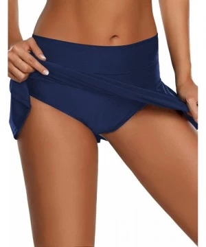 Bottoms Women's Pleated Swim Skirt Mid Waist Swimsuit Bottom Swimwear - Navy - C718E8XZX83