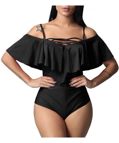 Tankinis Swimsuits for Women Plus Size One Piece Sexy Ruched Flounce Flutter Tummy Control Backless Swimsuit - Black - CR18S4...