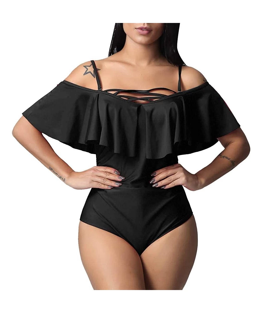 Tankinis Swimsuits for Women Plus Size One Piece Sexy Ruched Flounce Flutter Tummy Control Backless Swimsuit - Black - CR18S4...