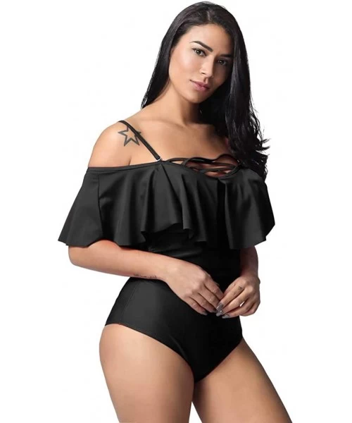 Tankinis Swimsuits for Women Plus Size One Piece Sexy Ruched Flounce Flutter Tummy Control Backless Swimsuit - Black - CR18S4...