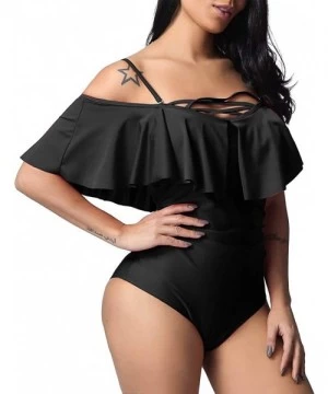 Tankinis Swimsuits for Women Plus Size One Piece Sexy Ruched Flounce Flutter Tummy Control Backless Swimsuit - Black - CR18S4...