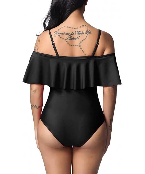 Tankinis Swimsuits for Women Plus Size One Piece Sexy Ruched Flounce Flutter Tummy Control Backless Swimsuit - Black - CR18S4...