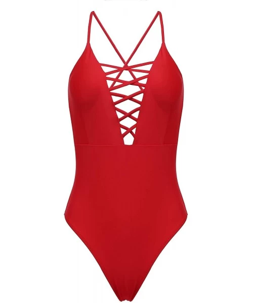 One-Pieces Womens Sexy Ruffle Criss Cross Back One Piece Swimsuit Monokini Swimwear - 66-red - CN18RGRNTG7