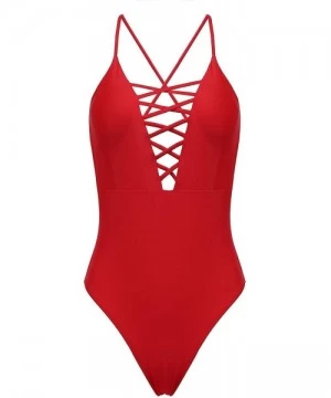 One-Pieces Womens Sexy Ruffle Criss Cross Back One Piece Swimsuit Monokini Swimwear - 66-red - CN18RGRNTG7