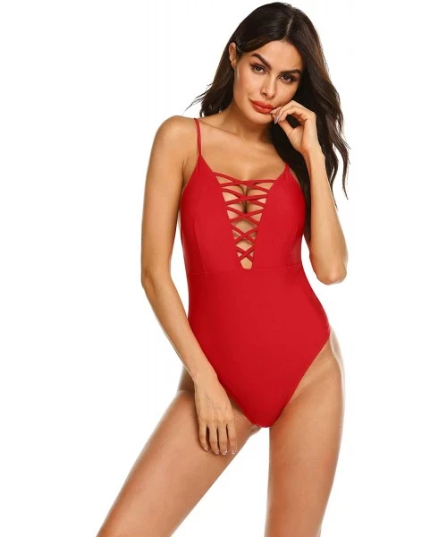 One-Pieces Womens Sexy Ruffle Criss Cross Back One Piece Swimsuit Monokini Swimwear - 66-red - CN18RGRNTG7