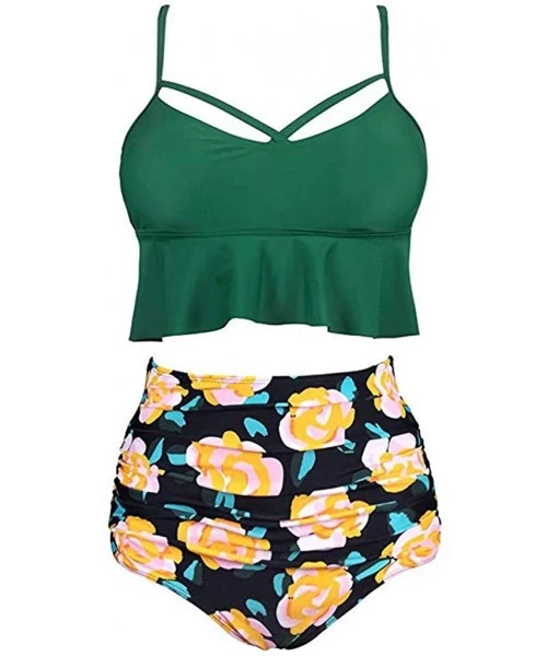 One-Pieces Women Ruffled High Waisted Tankini Bikini Swimsuit Set S-XXXL - Green-2 - C018UU68U8Z