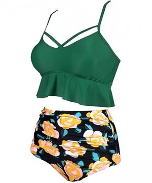 One-Pieces Women Ruffled High Waisted Tankini Bikini Swimsuit Set S-XXXL - Green-2 - C018UU68U8Z