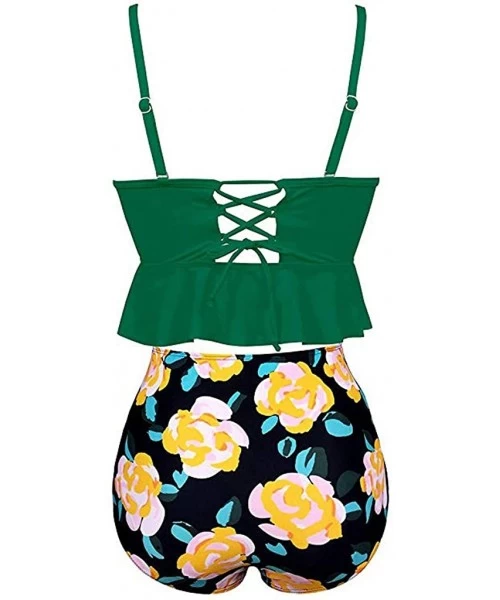 One-Pieces Women Ruffled High Waisted Tankini Bikini Swimsuit Set S-XXXL - Green-2 - C018UU68U8Z