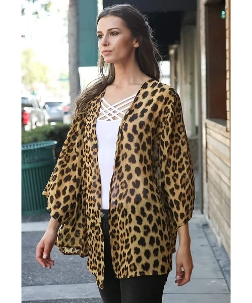 Cover-Ups Leopard Thin Chiffon Loose fit Kimono Sleeve Cardigan Cover up and Robe - Leopard Brown - CC18CGL8M49