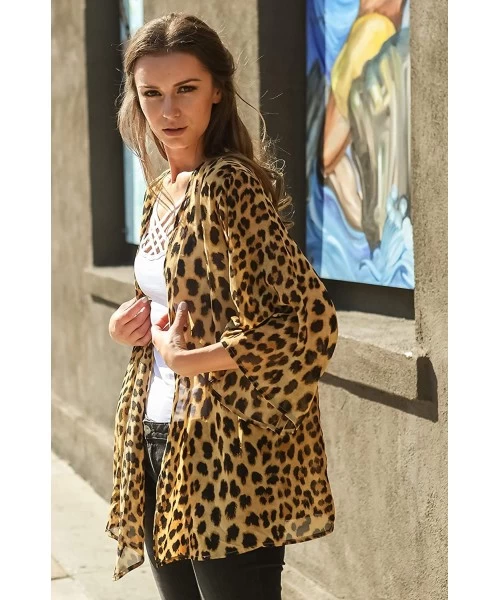 Cover-Ups Leopard Thin Chiffon Loose fit Kimono Sleeve Cardigan Cover up and Robe - Leopard Brown - CC18CGL8M49