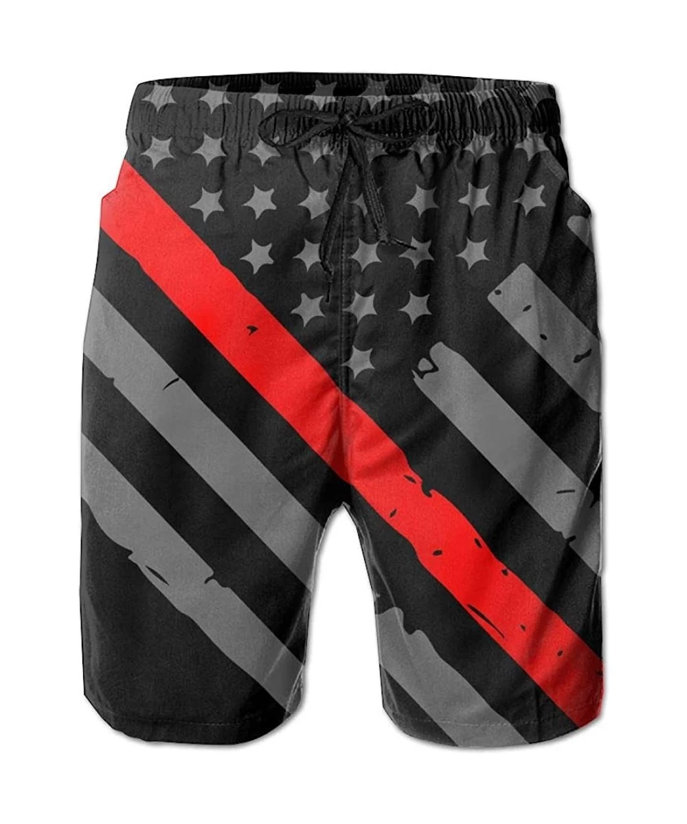 Board Shorts Thin Red Line American Flag Firefighter Mens Fashion Board/Beach Shorts Surf Yoga Bathing Suit with Pockets - CG...