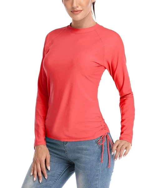 Rash Guards Women's UPF 50+ Long Sleeve Rash Guard Colorblock Swim Shirts Printed UV Shirts - Red With Drawstring - C3195AORURE