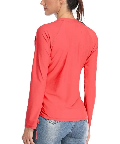 Rash Guards Women's UPF 50+ Long Sleeve Rash Guard Colorblock Swim Shirts Printed UV Shirts - Red With Drawstring - C3195AORURE