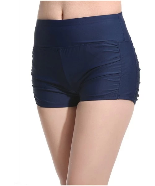 Board Shorts Women's Stretchy Fitness Swimming Trunks Solid Color Flat Pants - Navy Blue - CT189TMZ4AO