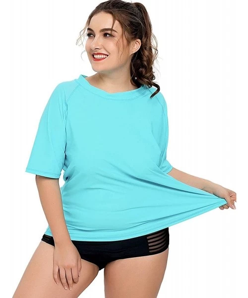 Rash Guards Womens Plus Size Long Sleeve Rash Guard Top Zipper Swimsuit Swim Shirt - Aqua(solid) - C5184YLS5Y9