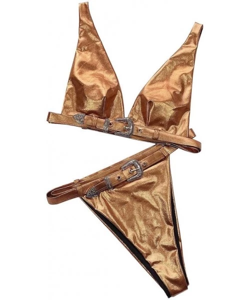 Sets Sexy Women Buckle Bronzing Bikini Push-Up Padded Swimwear Swimsuit Set(Gold- S) - Gold - CL1936CU3GR